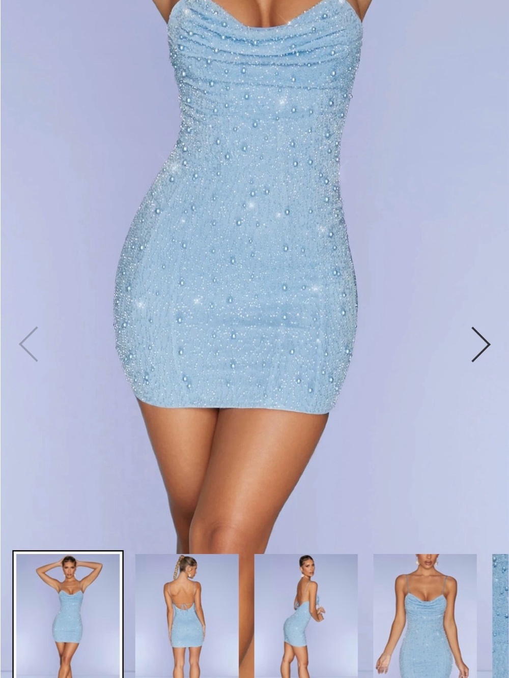 Oh Polly Sky Blue Beaded Cowl Neck Mini Dress